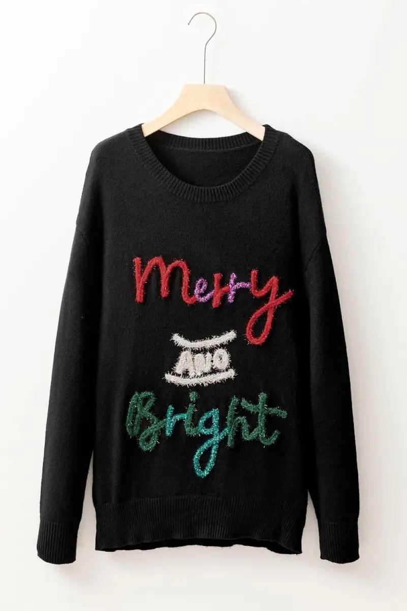Black Tinsel Merry and Bright Graphic Christmas Sweater - Love Salve